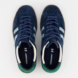 Coolway Navy Suede Sneakers with Light Blue Stripes and Green Heel